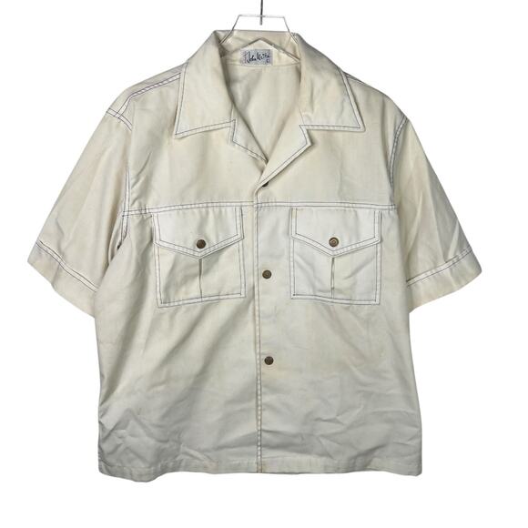 Vintage Safari Short Sleeve Shirt Top Spread Collar FLAW 70s John Weitz Large - Picture 1 of 9